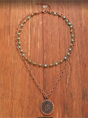 Layered Boho Bronze Necklace with Blue Bead Accents